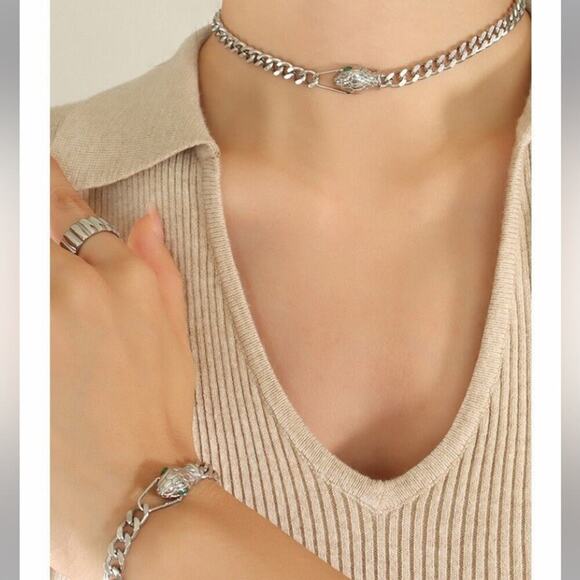 Silver Snake Choker Bracelet Matching Set, Chain Link, Serpent, Necklace - Picture 1 of 7